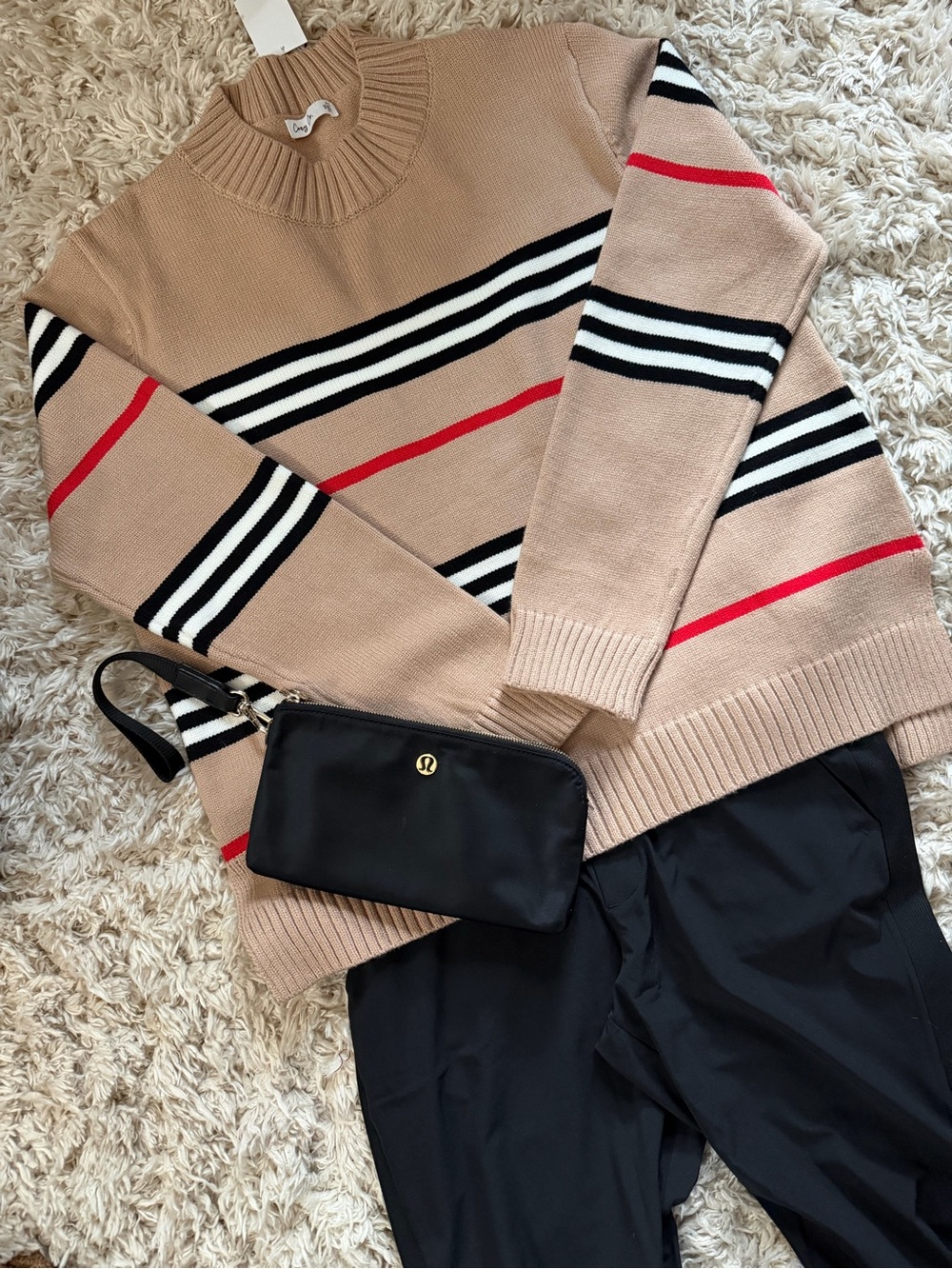 Women's Taupe Striped Crewneck Sweater with Red & Black Accents